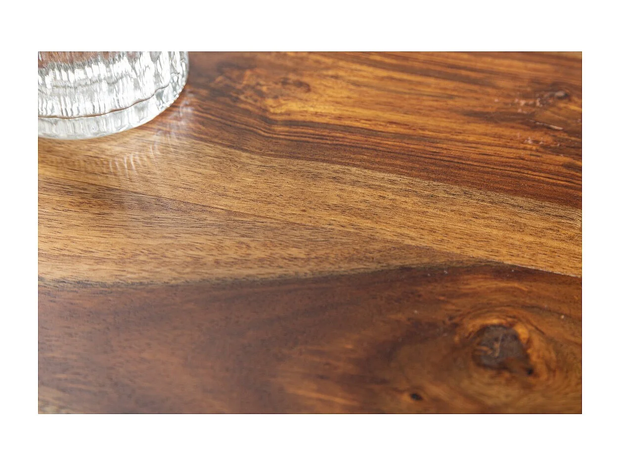 Table de salle à manger ORBO 80 cm – Plateau en bois de Sheesham verni et structure en métal noir – Style industriel