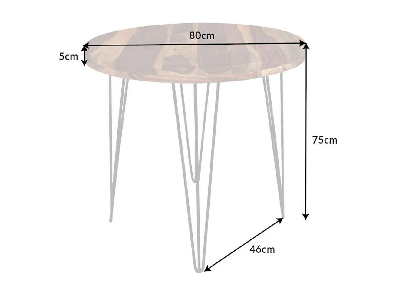 Table de salle à manger ORBO 80 cm – Plateau en bois de Sheesham verni et structure en métal noir – Style industriel
