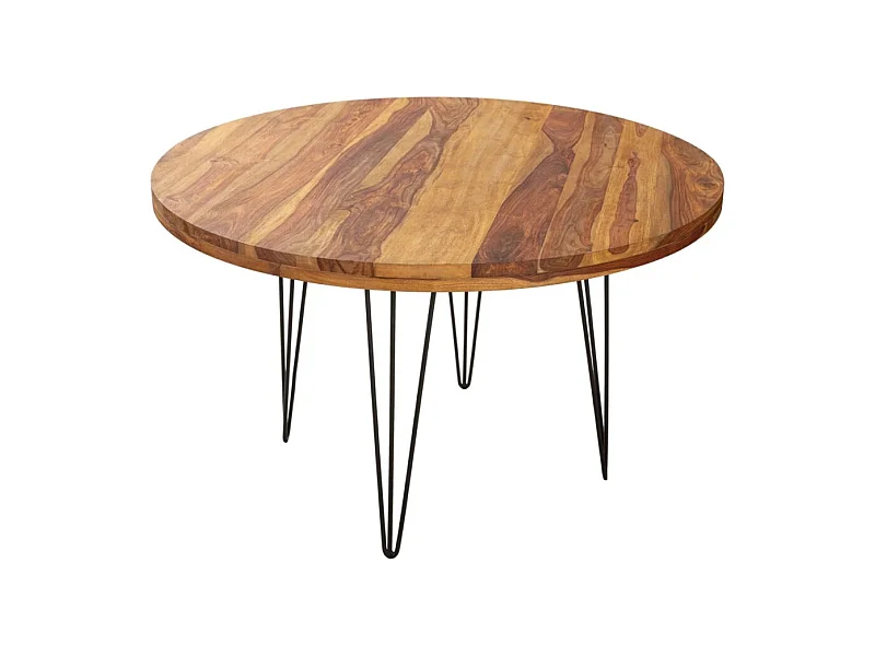 Table de salle à manger ORBO 120 cm – Plateau en bois de Sheesham verni et pieds en métal noir – Style industriel