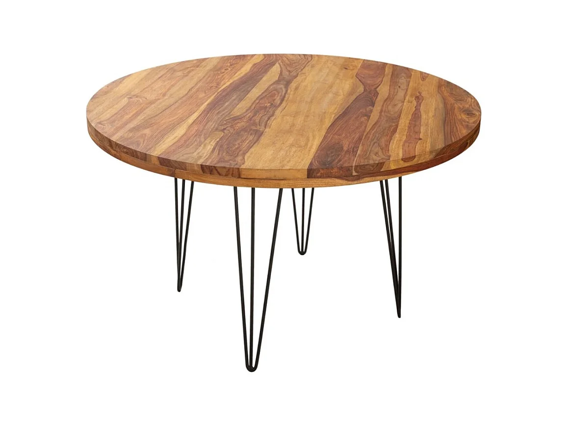 Table de salle à manger ORBO 120 cm – Plateau en bois de Sheesham verni et pieds en métal noir – Style industriel