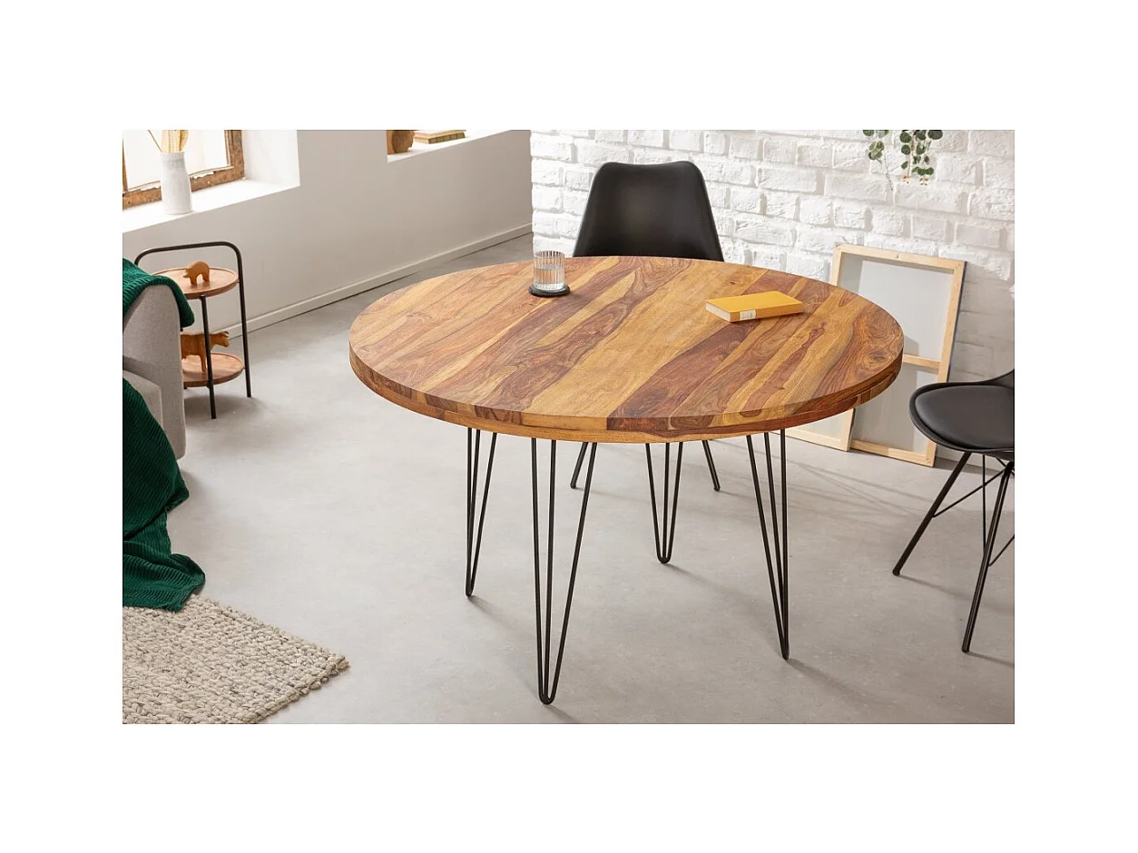 Table de salle à manger ORBO 120 cm – Plateau en bois de Sheesham verni et pieds en métal noir – Style industriel