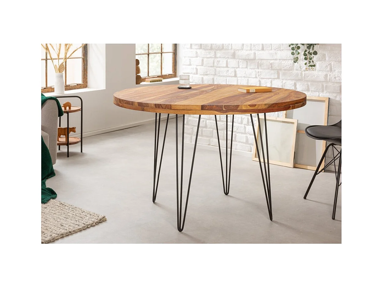 Table de salle à manger ORBO 120 cm – Plateau en bois de Sheesham verni et pieds en métal noir – Style industriel