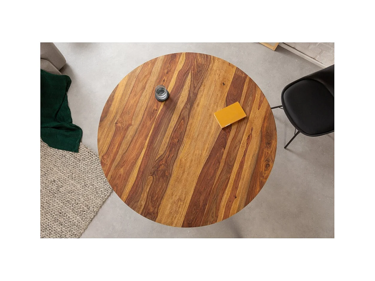 Table de salle à manger ORBO 120 cm – Plateau en bois de Sheesham verni et pieds en métal noir – Style industriel