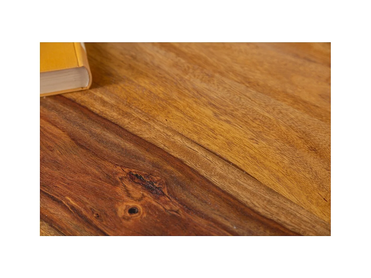 Table de salle à manger ORBO 120 cm – Plateau en bois de Sheesham verni et pieds en métal noir – Style industriel