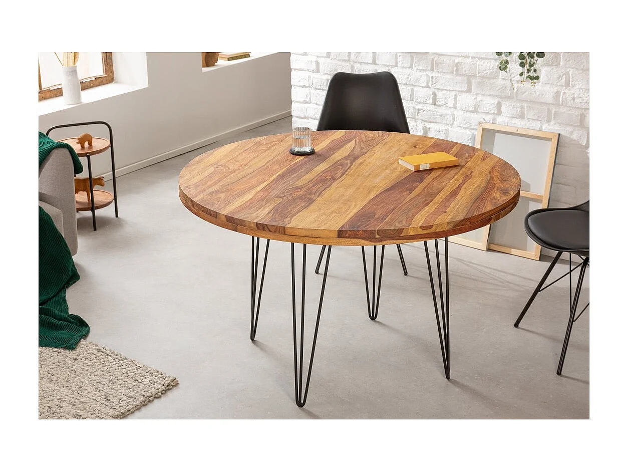 Table de salle à manger ORBO 120 cm – Plateau en bois de Sheesham verni et pieds en métal noir – Style industriel