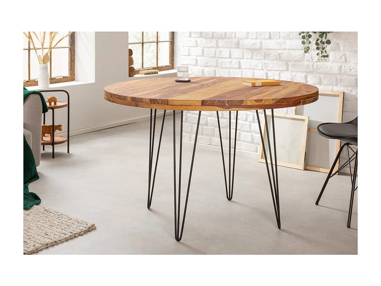 Table de salle à manger ORBO 120 cm – Plateau en bois de Sheesham verni et pieds en métal noir – Style industriel