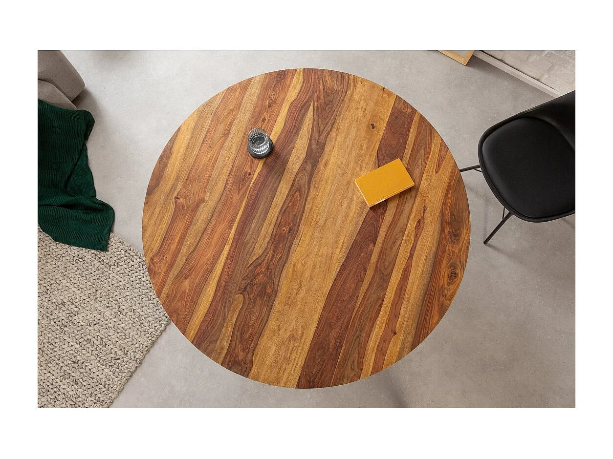 Table de salle à manger ORBO 120 cm – Plateau en bois de Sheesham verni et pieds en métal noir – Style industriel