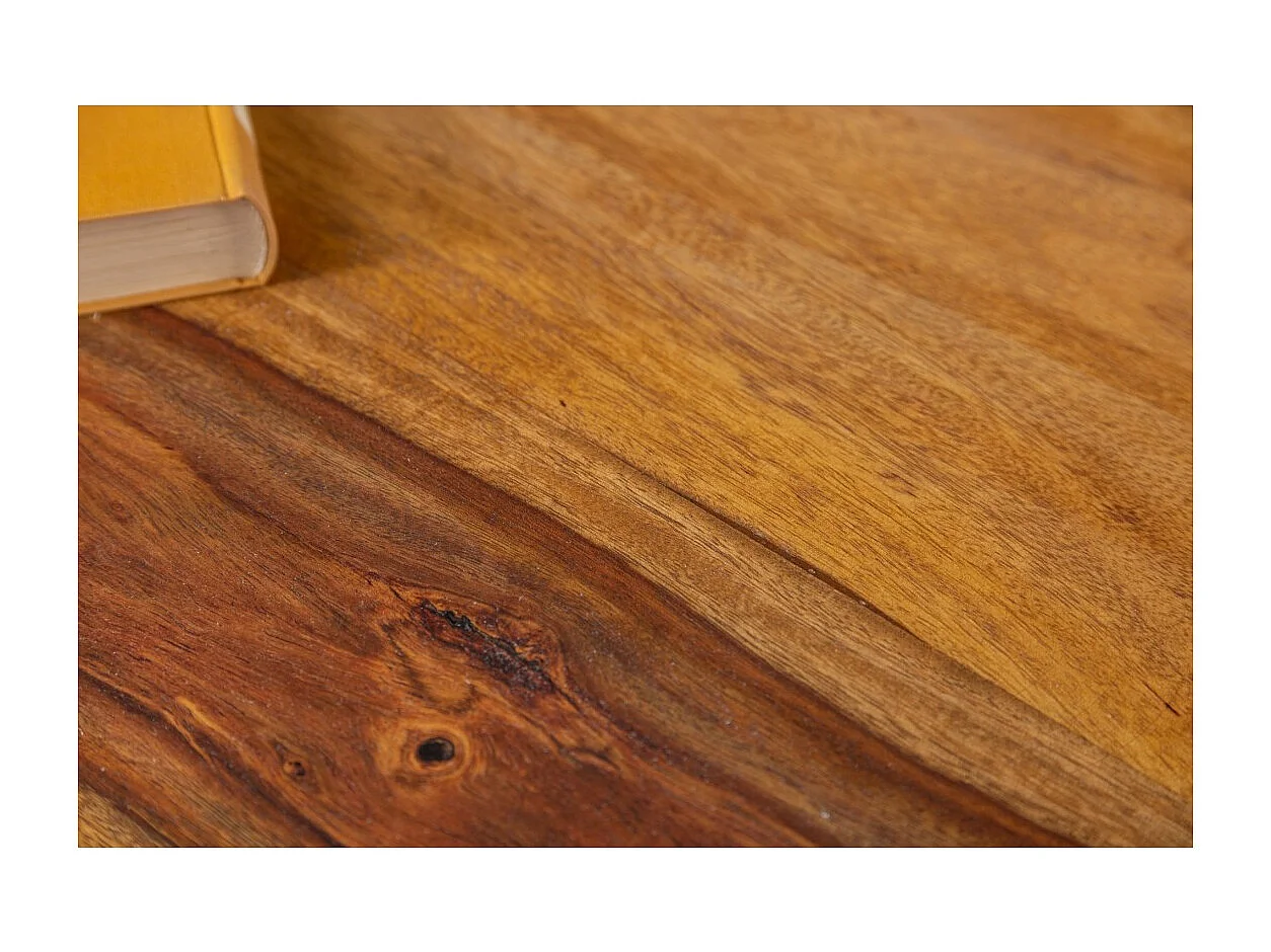 Table de salle à manger ORBO 120 cm – Plateau en bois de Sheesham verni et pieds en métal noir – Style industriel