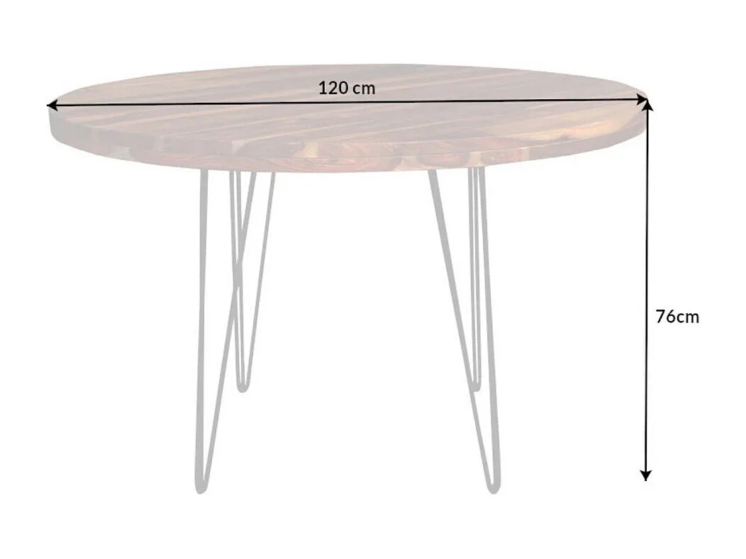 Table de salle à manger ORBO 120 cm – Plateau en bois de Sheesham verni et pieds en métal noir – Style industriel