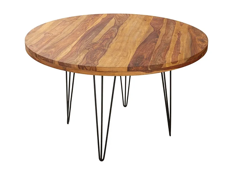 Table de salle à manger ORBO 120 cm – Plateau en bois de Sheesham verni et pieds en métal noir – Style industriel