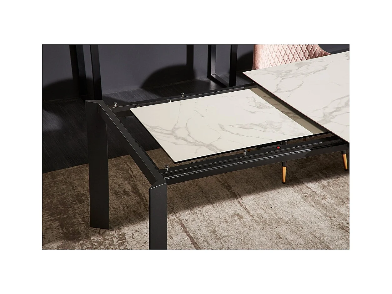 Table FORZA 180–240 cm – Plateau en céramique effet marbre blanc et structure en métal noir – Table extensible moderne
