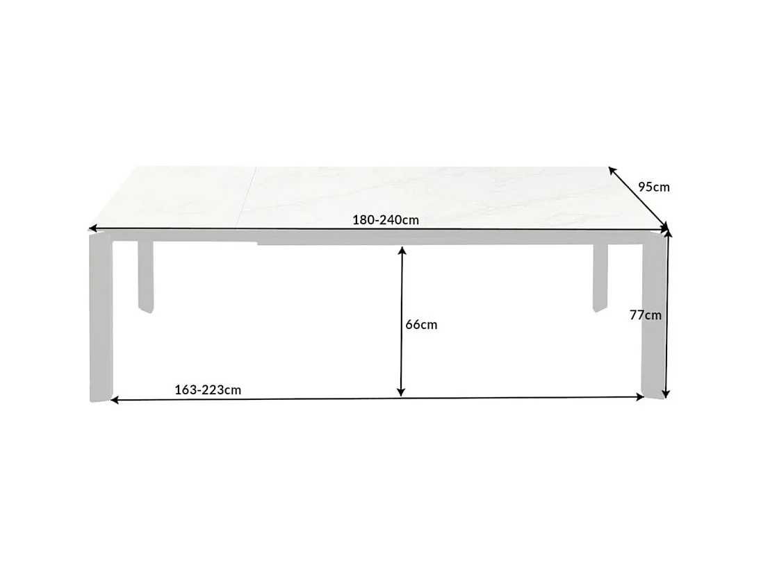 Table FORZA 180–240 cm – Plateau en céramique effet marbre blanc et structure en métal noir – Table extensible moderne