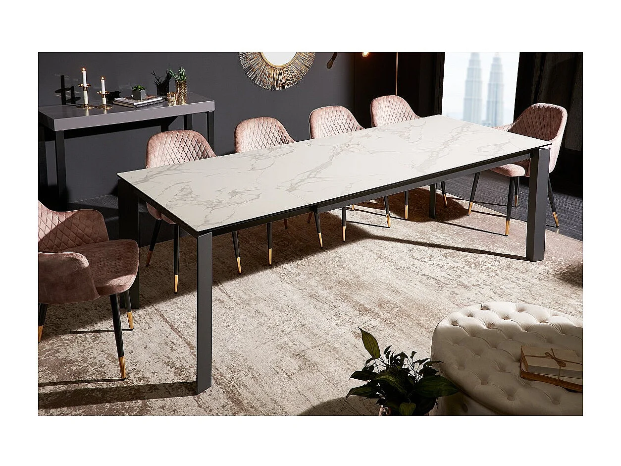 Table SIGRO 180–240 cm – Plateau en céramique effet marbre blanc et structure en métal noir – Table extensible moderne