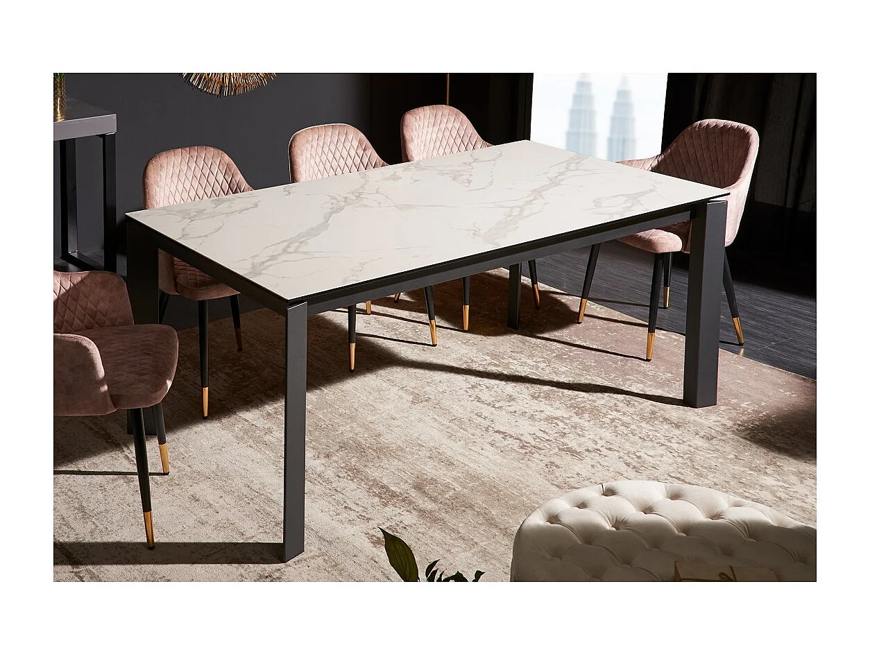 Table SIGRO 180–240 cm – Plateau en céramique effet marbre blanc et structure en métal noir – Table extensible moderne