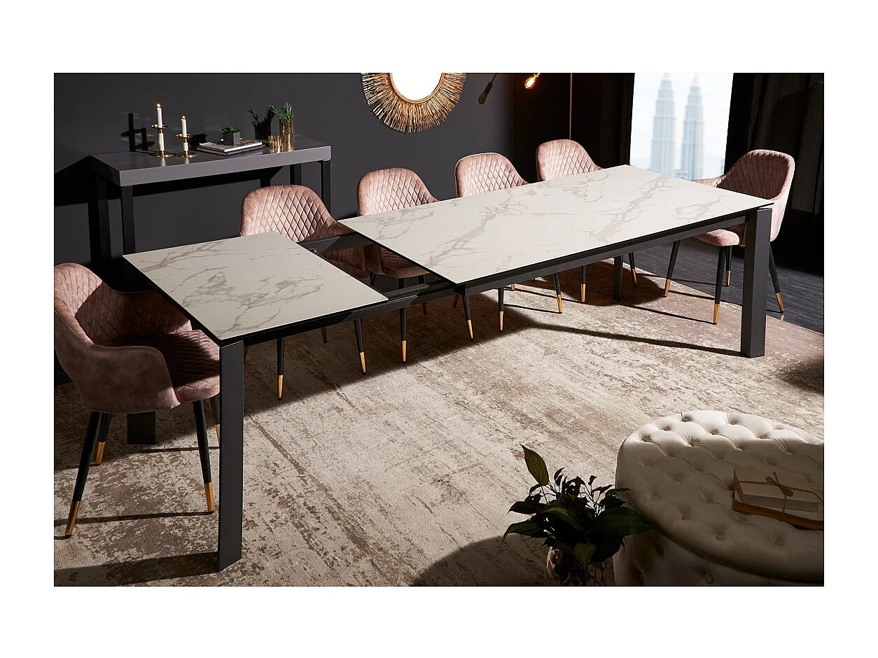 Table SIGRO 180–240 cm – Plateau en céramique effet marbre blanc et structure en métal noir – Table extensible moderne