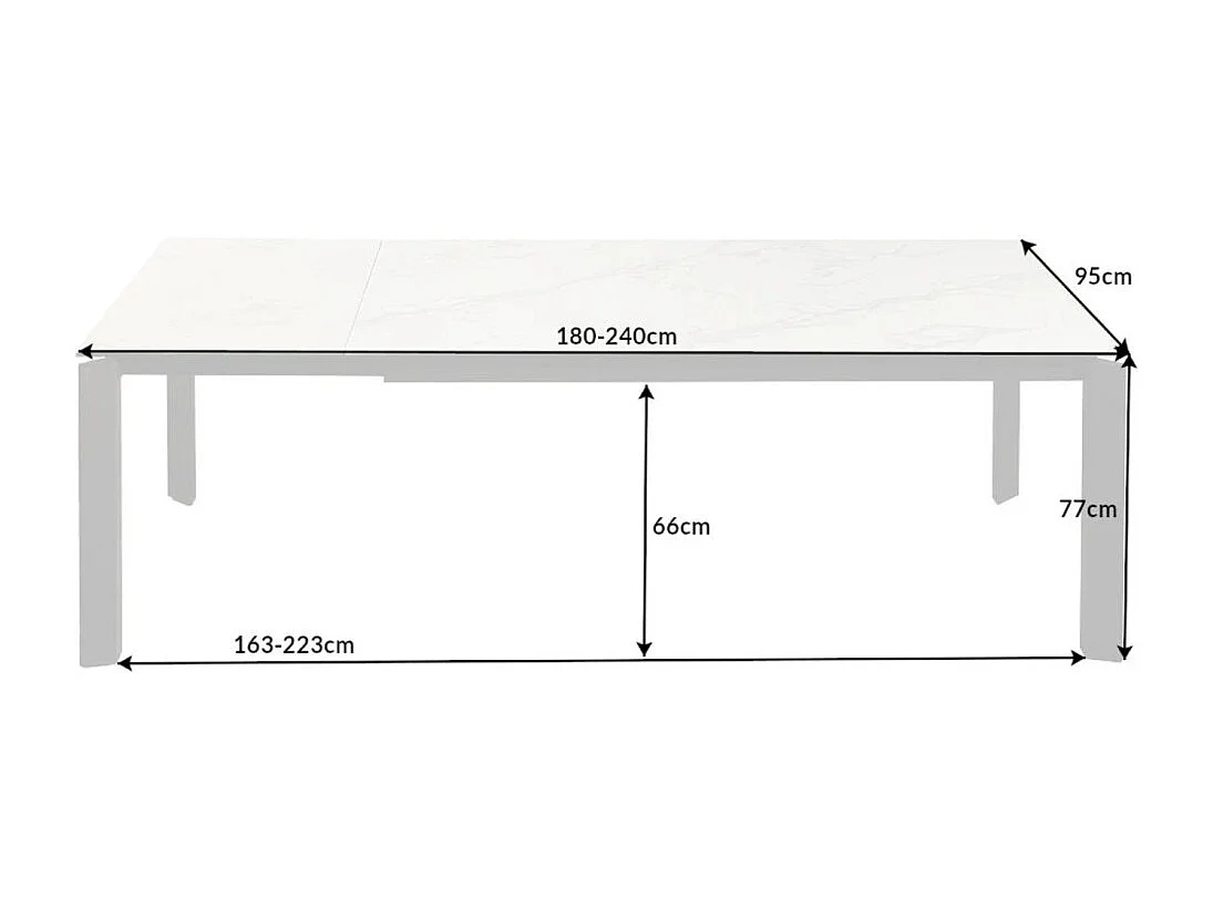 Table SIGRO 180–240 cm – Plateau en céramique effet marbre blanc et structure en métal noir – Table extensible moderne