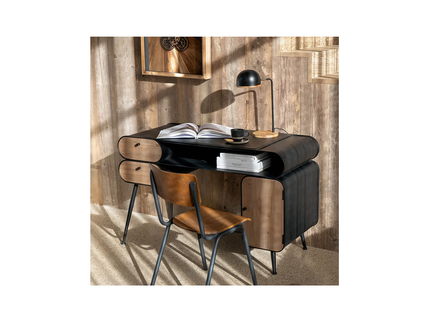 Bureau industriel en bois et métal noir 2 - FORGE