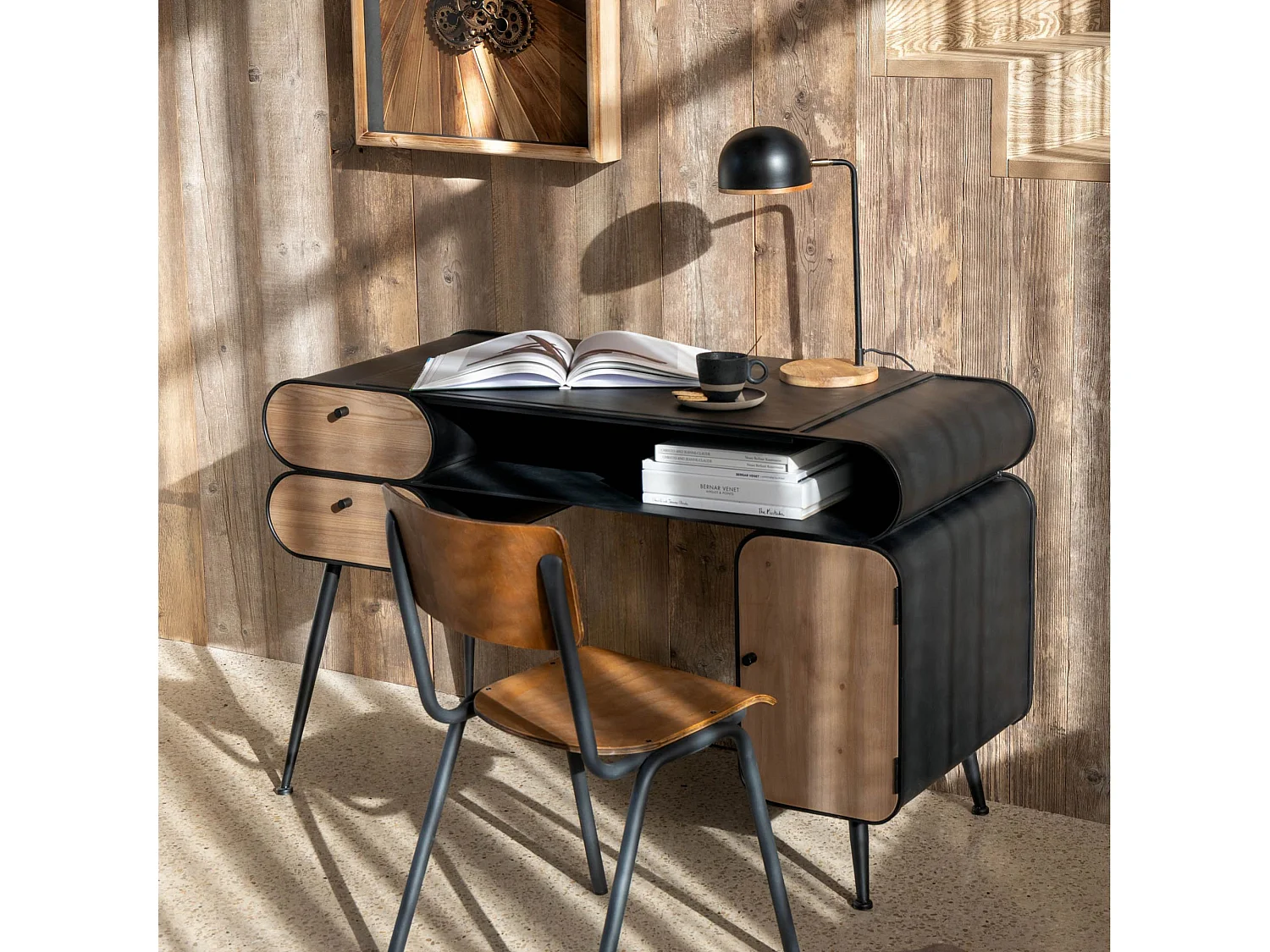 Bureau industriel en bois et métal noir 2 - FORGE