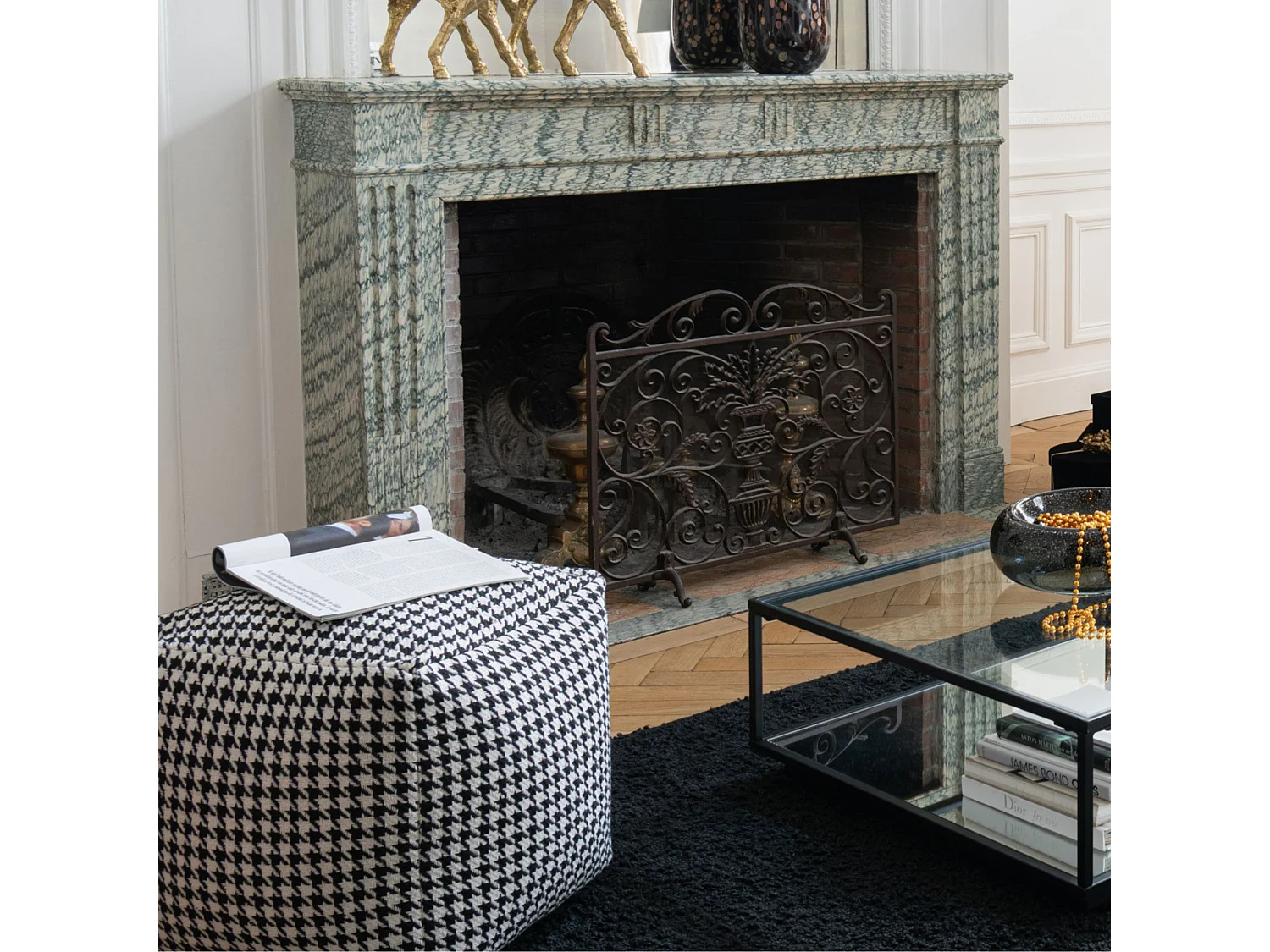 Poufs carrés en tissu pied-de-poule noir et blanc (lot de 2) - POULEA