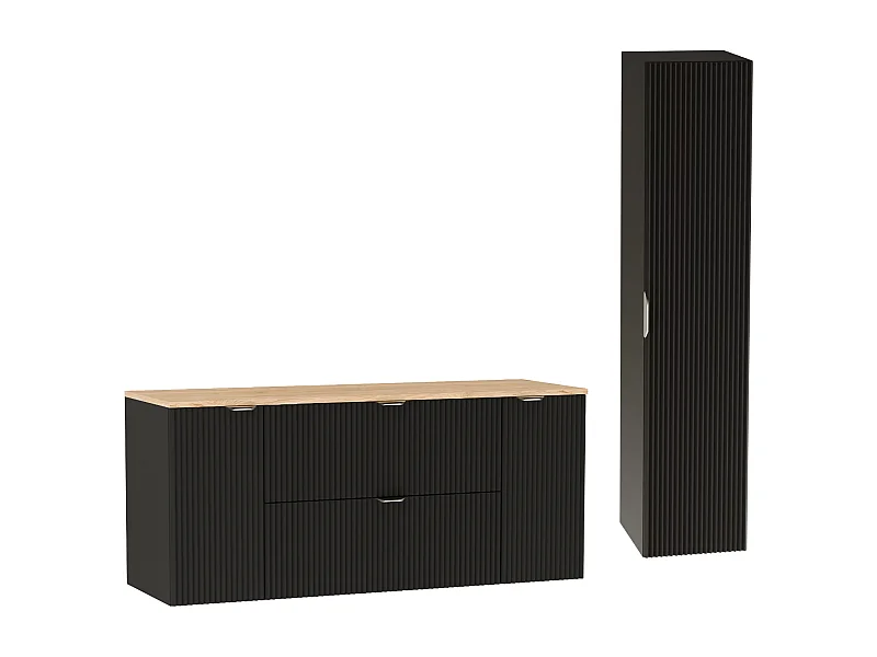 Czarny Zestaw do Łazienki 140cm Szafka Blat Orzech Słupek Ryflowane Fronty