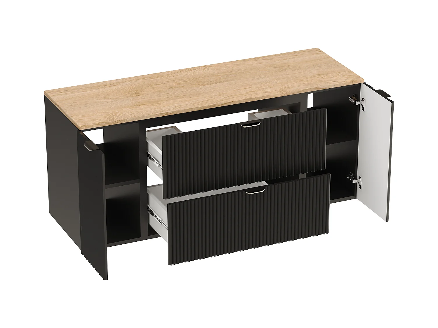 Czarny Zestaw do Łazienki 140cm Szafka Blat Orzech Słupek Ryflowane Fronty