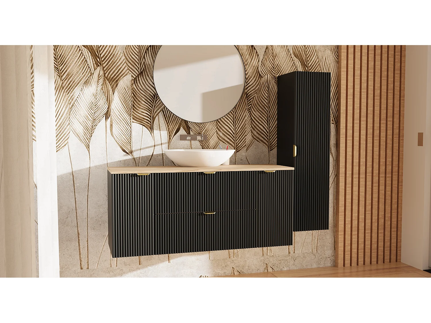 Czarny Zestaw do Łazienki 140cm Szafka Blat Orzech Słupek Ryflowane Fronty