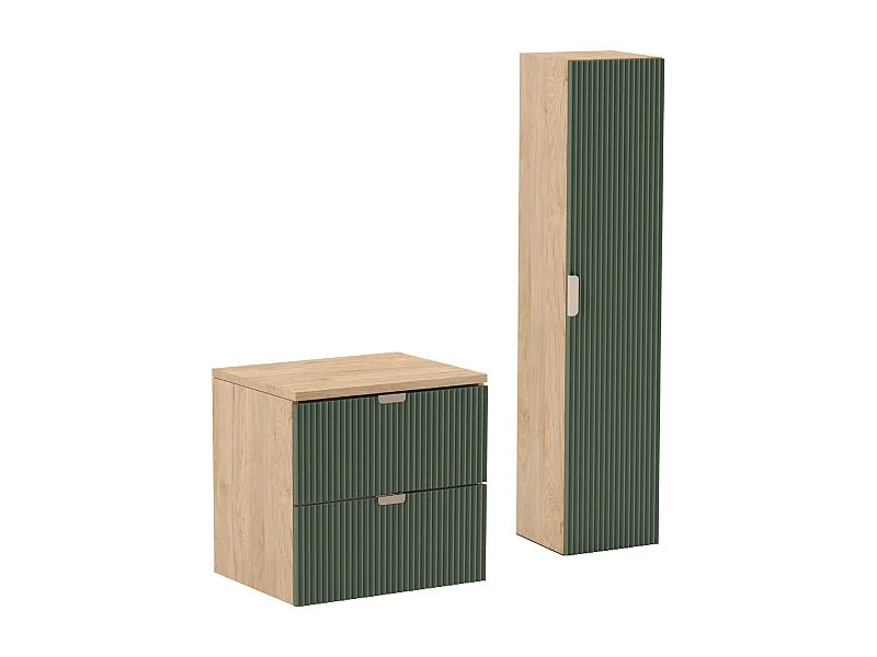 Zestaw Łazienkowy 60cm Szafka Blat Słupek Ryflowane Fronty Zielony / Dąb Orzech