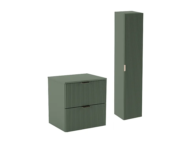 Zielony Zestaw Łazienkowy 60cm Szafka Blat Słupek Ryflowane Fronty