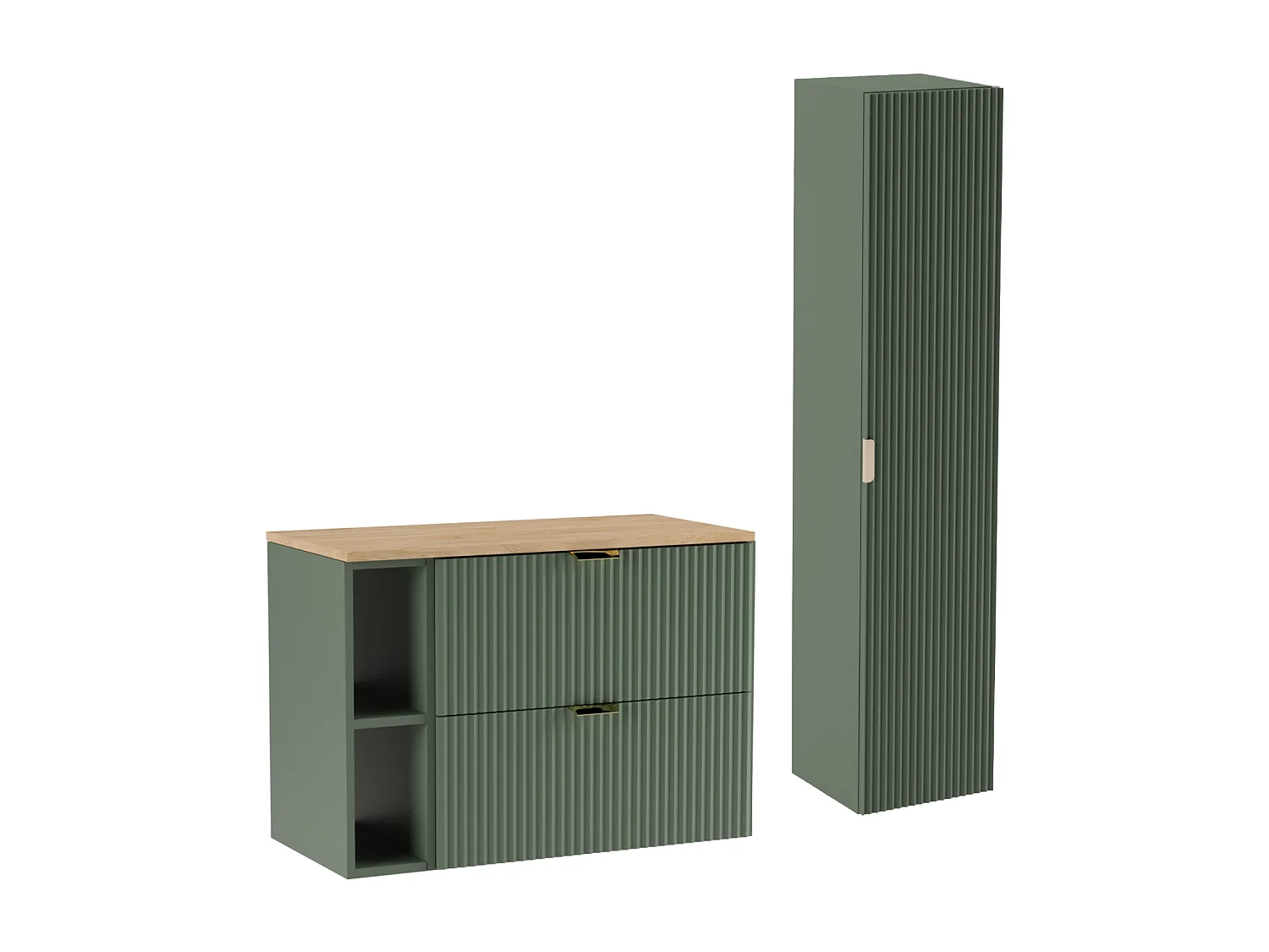 Zielony Zestaw Łazienkowy 80cm Szafka Blat Orzech Regał Słupek Ryflowane Fronty