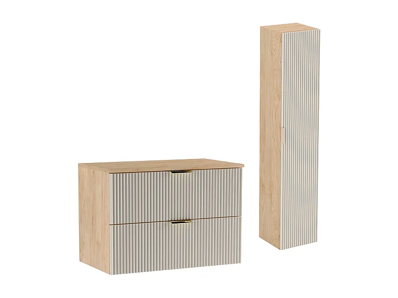 Set da bagno 80 cm Mobile Piano di lavoro Colonna Frontali scanalati Kashmir / Rovere Noce