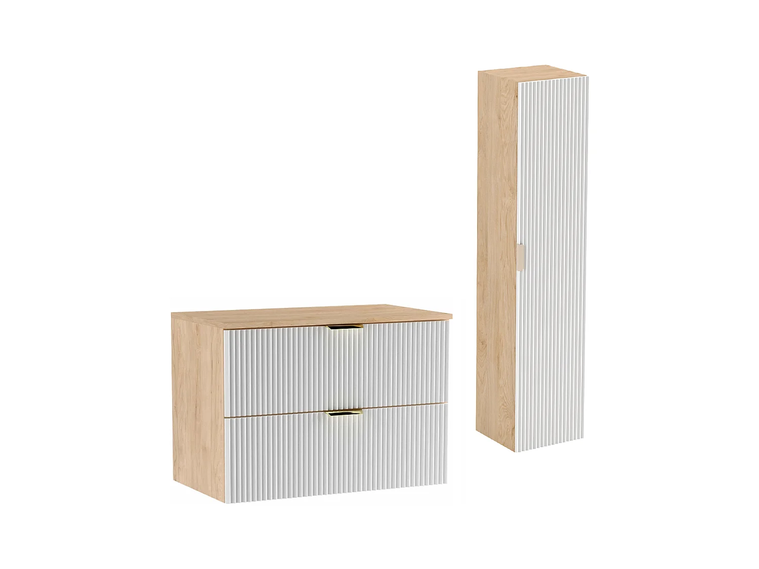 Zestaw Łazienkowy 80cm Szafka Blat Słupek Ryflowane Fronty Biały / Dąb Orzech