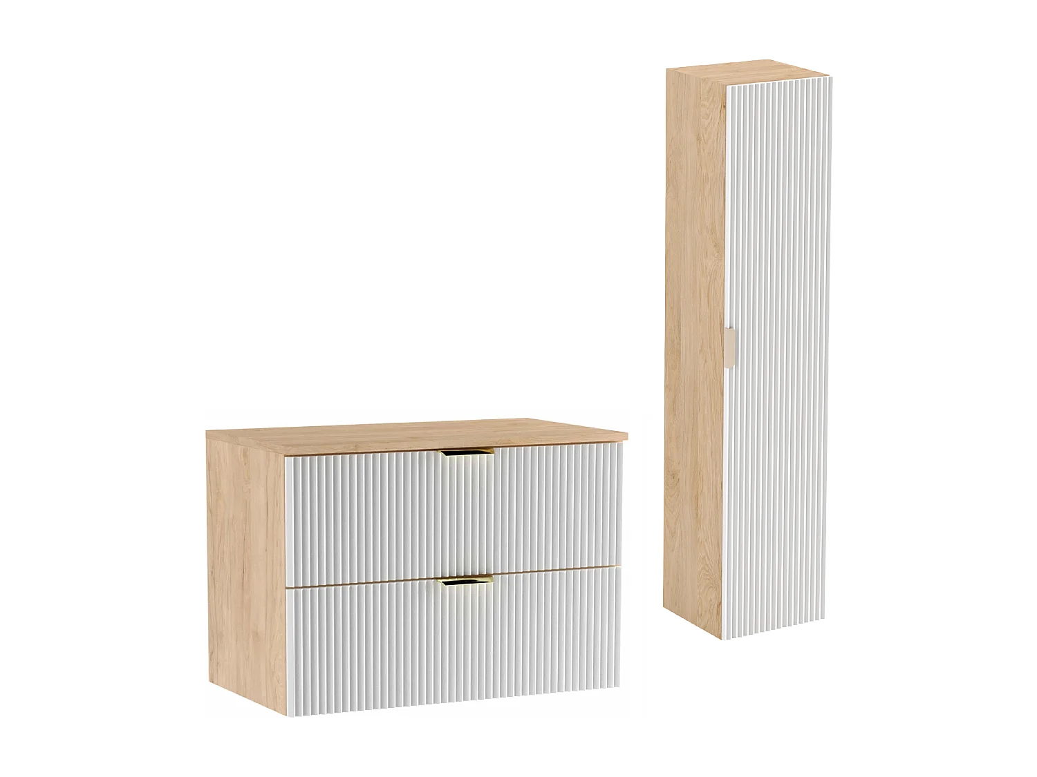 Conjunto de baño 80 cm Armario Encimera Columna Frentes ranurados Blanco / Roble nogal