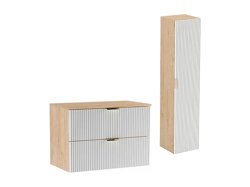 Zestaw Łazienkowy 80cm Szafka Blat Słupek Ryflowane Fronty Biały / Dąb Orzech