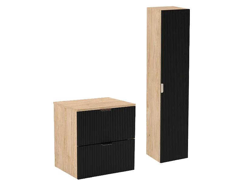 Zestaw Łazienkowy 60cm Szafka Blat Słupek Ryflowane Fronty Czarny / Dąb Orzech