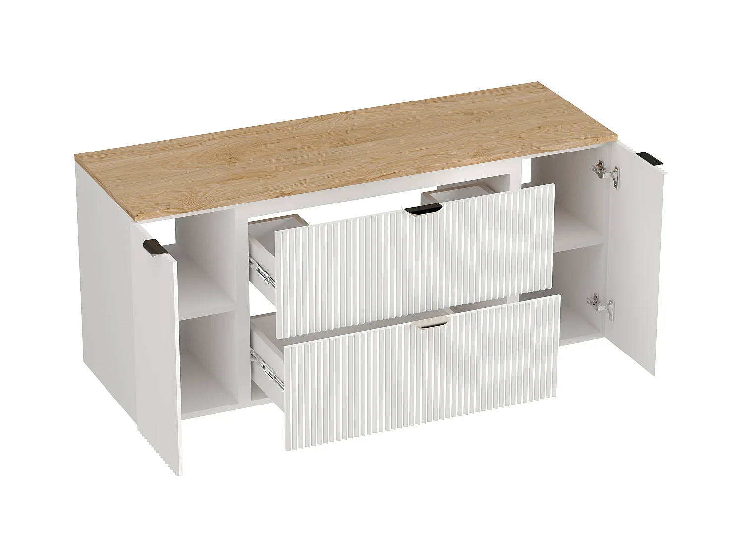 Biały Zestaw do Łazienki 140cm Szafka Blat Orzech Słupek Ryflowane Fronty