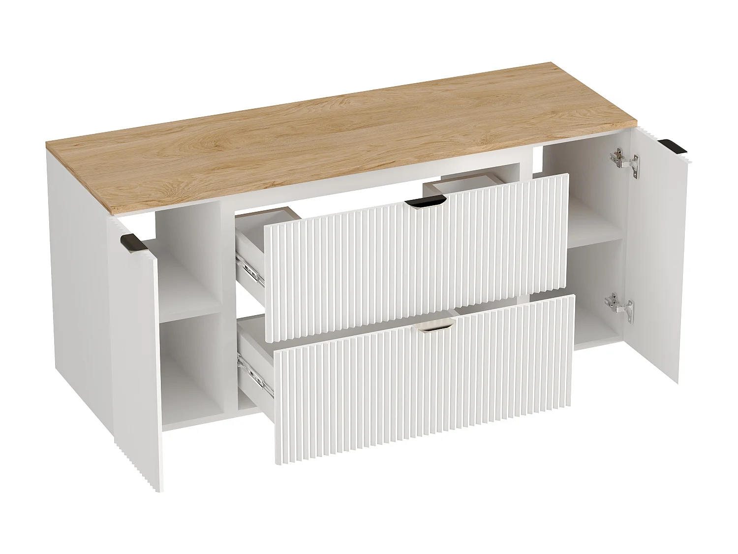 Biały Zestaw do Łazienki 140cm Szafka Blat Orzech Słupek Ryflowane Fronty