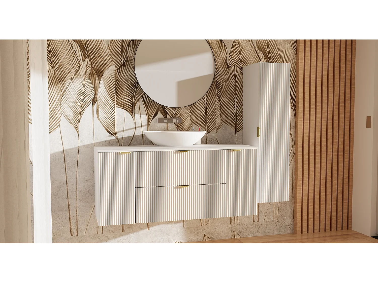 Biały Zestaw do Łazienki 140cm Szafka Blat Orzech Słupek Ryflowane Fronty