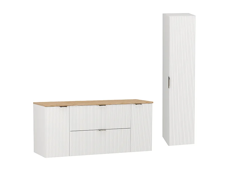 Biały Zestaw do Łazienki 140cm Szafka Blat Orzech Słupek Ryflowane Fronty