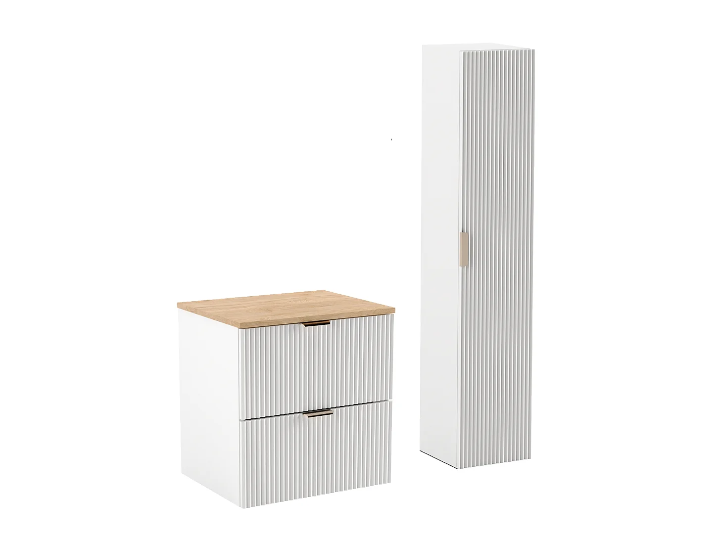 Biały Zestaw Łazienkowy 60cm Szafka Blat Orzech Słupek Ryflowane Fronty