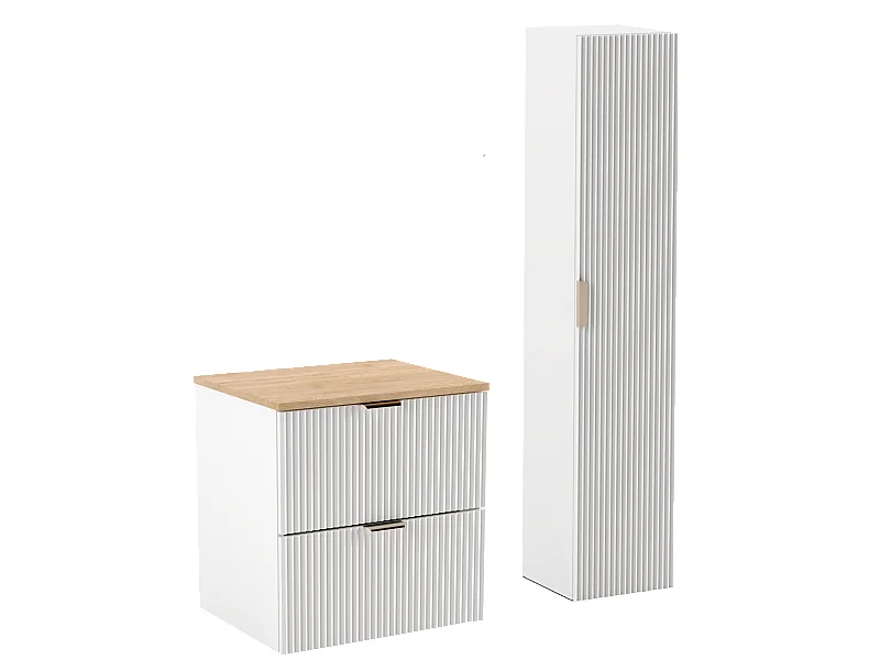 Biały Zestaw Łazienkowy 60cm Szafka Blat Orzech Słupek Ryflowane Fronty