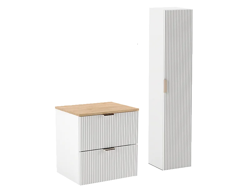 Set da bagno bianco 60 cm Mobile Piano di lavoro Noce Colonna Frontali scanalati