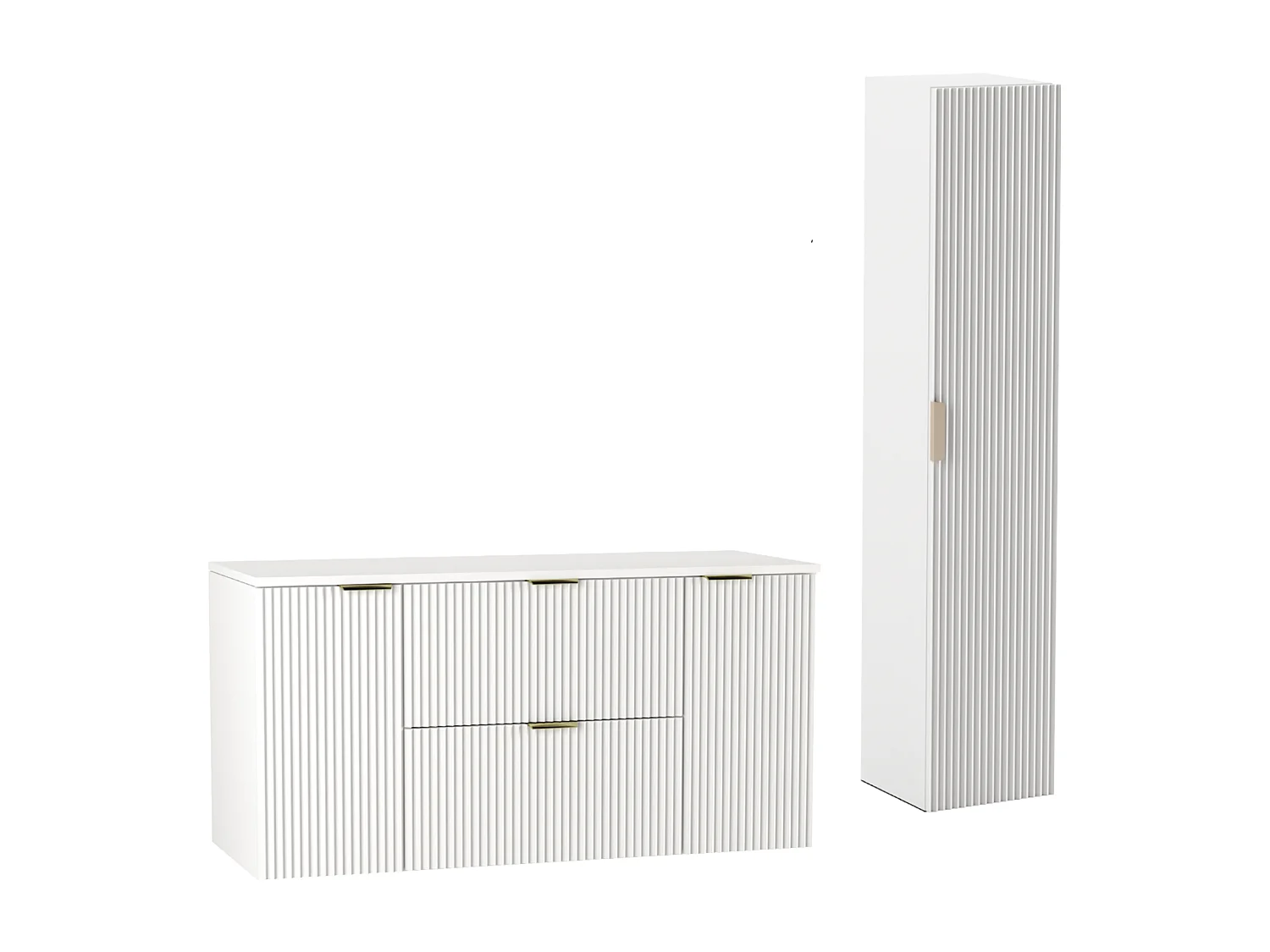 Biały Zestaw Łazienkowy 120cm Szafka Blat Słupek Ryflowane Fronty