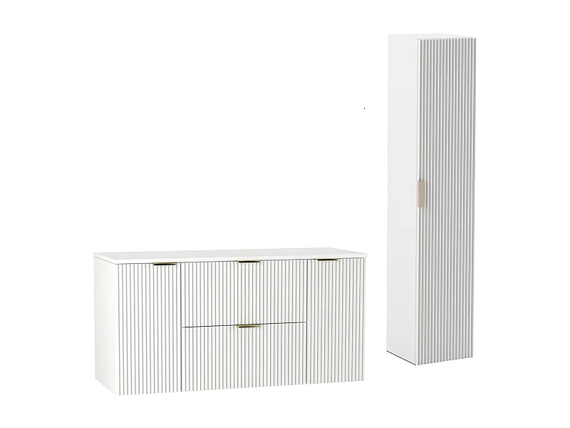Biały Zestaw Łazienkowy 120cm Szafka Blat Słupek Ryflowane Fronty