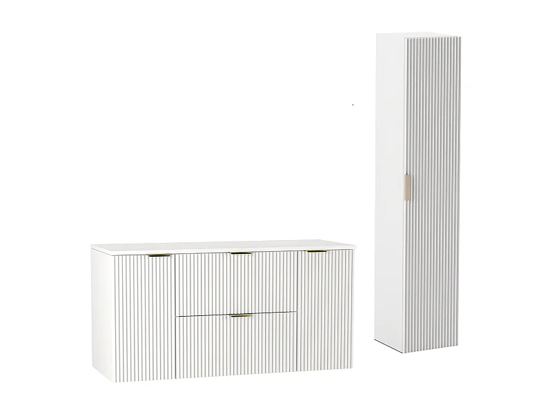 Biały Zestaw Łazienkowy 120cm Szafka Blat Słupek Ryflowane Fronty