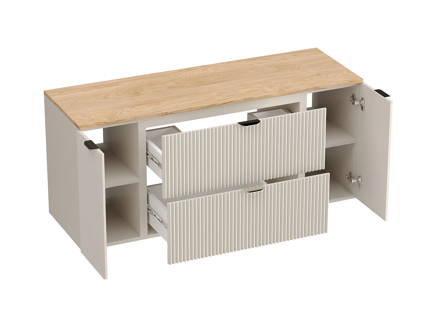 Kaszmirowy Zestaw do Łazienki 140cm Szafka Blat Orzech Słupek Ryflowane Fronty