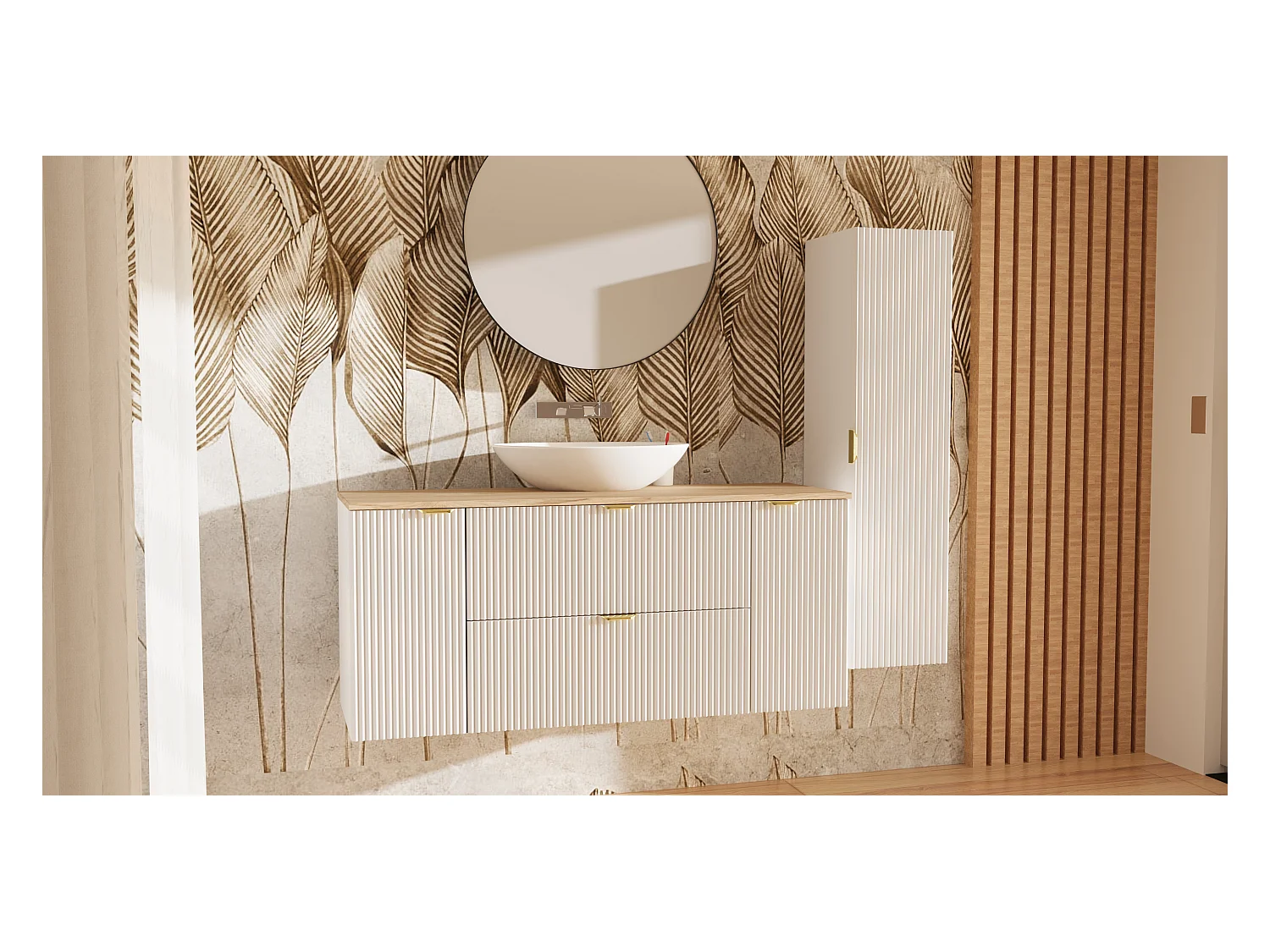 Kaszmirowy Zestaw do Łazienki 140cm Szafka Blat Orzech Słupek Ryflowane Fronty