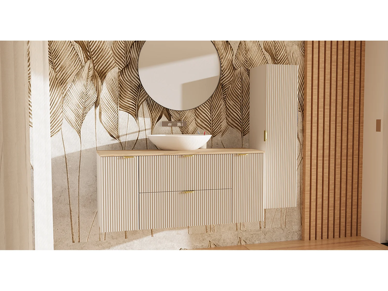 Kaszmirowy Zestaw do Łazienki 140cm Szafka Blat Orzech Słupek Ryflowane Fronty