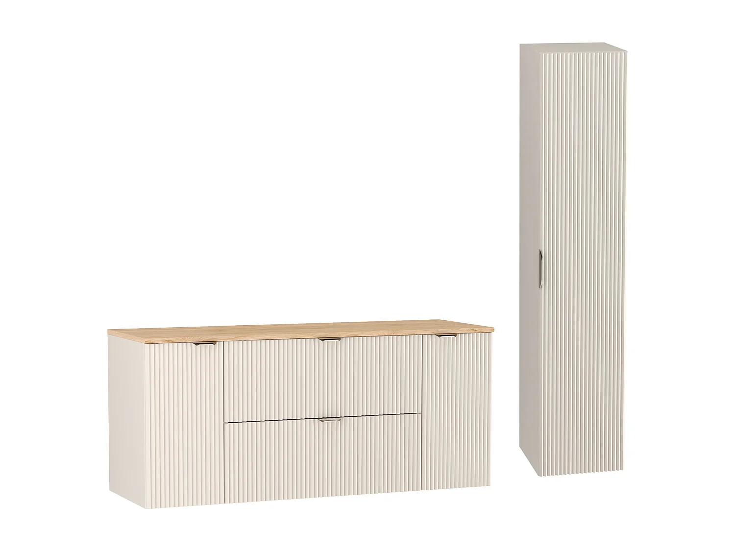 Kaszmirowy Zestaw do Łazienki 140cm Szafka Blat Orzech Słupek Ryflowane Fronty