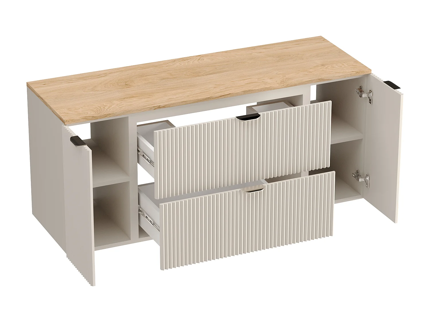 Kaszmirowy Zestaw do Łazienki 140cm Szafka Blat Orzech Słupek Ryflowane Fronty