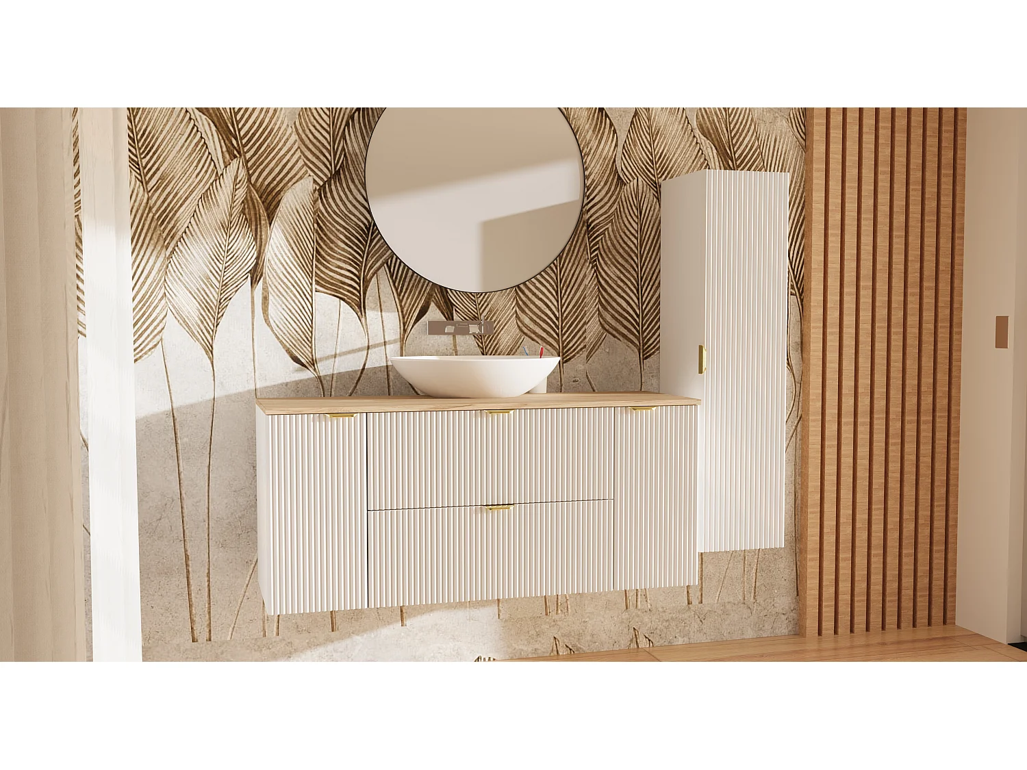 Kaszmirowy Zestaw do Łazienki 140cm Szafka Blat Orzech Słupek Ryflowane Fronty